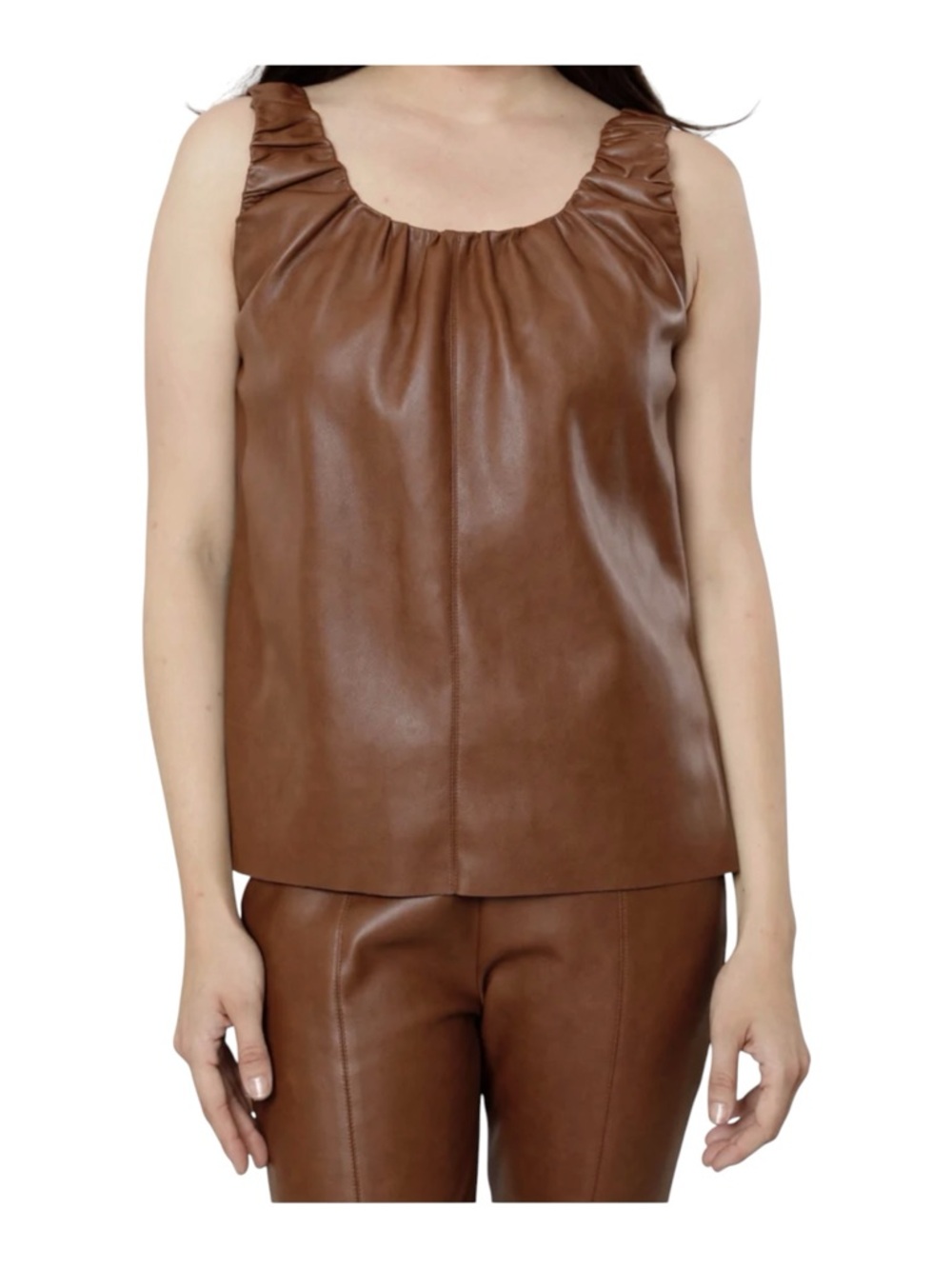 Dolce Cabo Faux Leather Tank Top Brown Ruched Neck Sleeveless NWT Size M